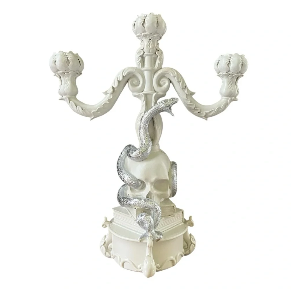 Skeleton Skull Spell Books & Snake Whimsical Candelabra Decor NWOT Candle Holder